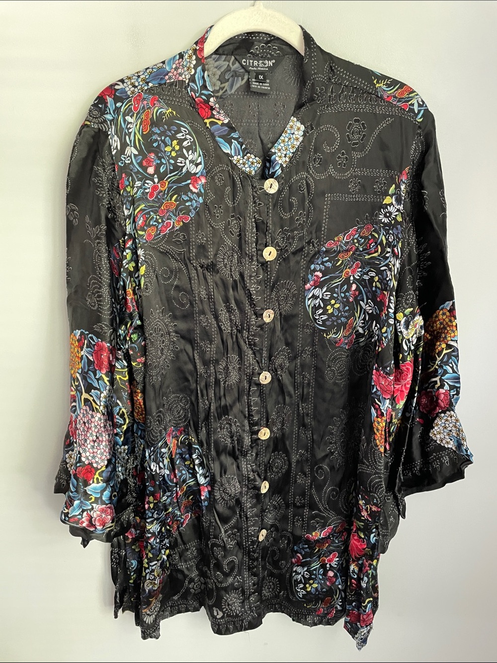 Citron Santa Monica Black Floral Print Button Front Blouse Plus Size 1X